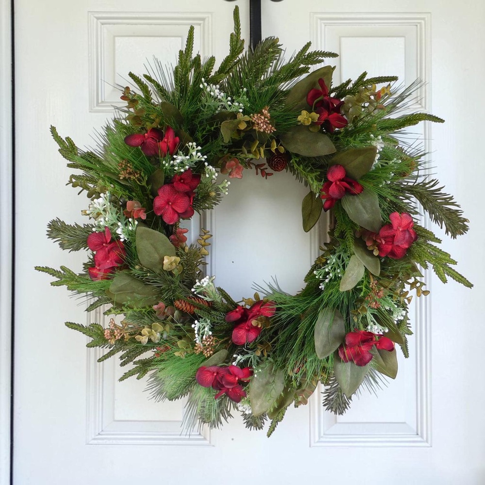 24" Luxury Christmas Wreath for Front Door, Winter Greenery Red Hydrangea Wreath